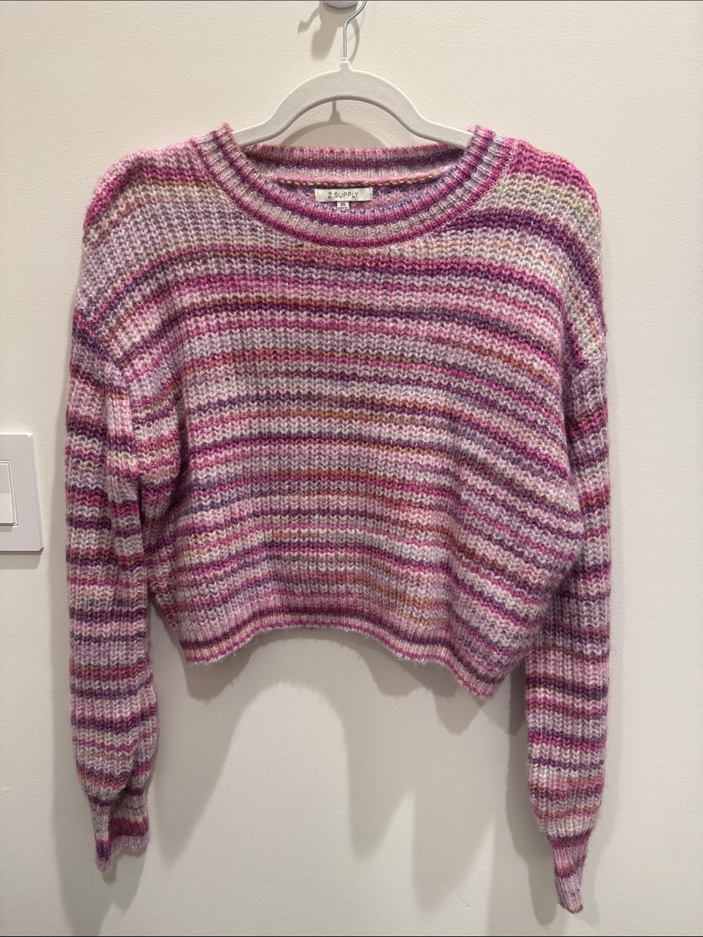 Z Supply Prism Metallic Pink Multi-Stripe Cropped Crew Sweater